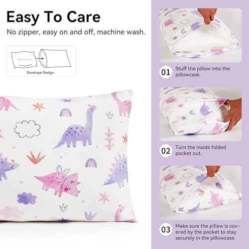 Image of TILLYOU Toddler Pillowcases 13 x 18 Travel Pillow Case 2 Pack, Kids Pillowcases Machine Washable with Envelope Closure, Dinosaur