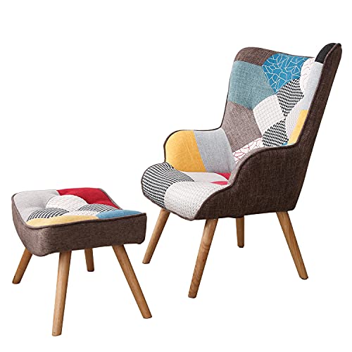 Lazyspace Accent Chair With Ottoman,Flax Patchwork Multicolor Armchair Sets Sofa Chair,Upholstered Barrel Armchair For Living Room Or Bedroom Multicolor Modern Lounge Armchair #TOP1