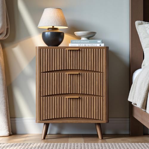 Image of Evermagin 29 inch Tall Fluted Nightstand Set of 2 with 3 Drawers | Walnut Night Stand, Wooden Bedside Table, Mid Century Modern Side Table for Bedroom, livingroom