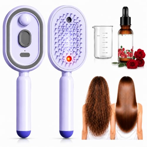 Electric Spray Air Cushion Massage Comb, 3-in-1 Hair Brush with Water Mist & Self-Cleaning, Rechargeable Scalp Massage Brush, Anti-Static Detangling Hairbrush for Wet, Dry, Curly Hair (Purple)