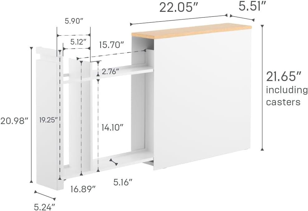 Yamazaki Home Pull-Out Bathroom Storage Cabinet – Slim Bathroom Storage Cabinet with Wood Top, Steel Organizer for Toilet Paper and Cleaning Supplies, Modern Space-Saving Design, White - Steel + Wood