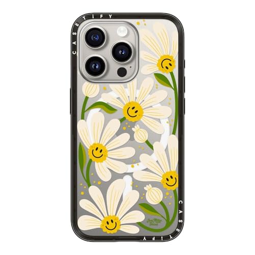 Coque iPhone 15 Pro CASETiFY compacte et transparente noire avec motif marguerite