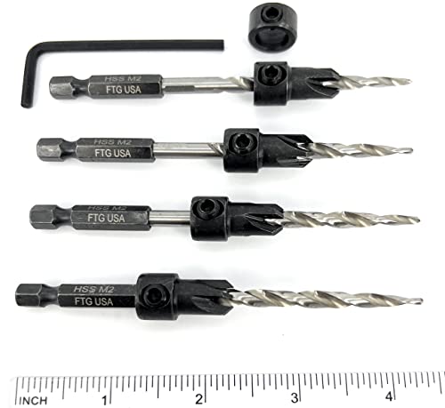 Image of FTG USA #10(3 /16 inch) Wood Countersink Drill Bit 4-Pc Set with 3 /8 inch Depth Stop | Convenient 4-pack of identical tapered bits for woodworking. Includes an adjustable 3 /8 inch depth stop collar