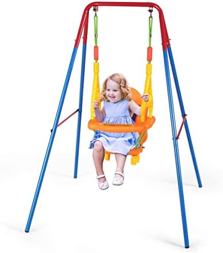 GYMAX Folding Toddler Swing Set, High Back Kids Swing Chair with Safety Belt, Portable Children Swing Seat for Indoor Outdoor
