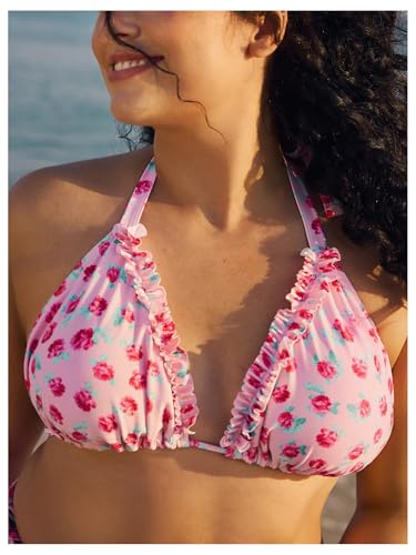 MakeMeChic Women's Plus Size 3 Piece Floral Triangle Halter Frill Trim Bikini Set with Cover Up Skirt4