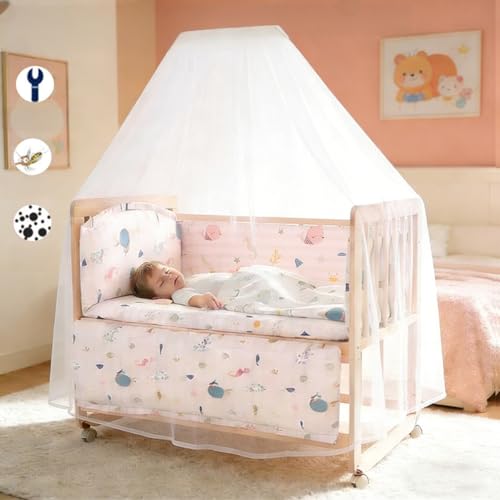 DNIDIO 4 en 1 Cuna Regulable para Bebé, Colecho para Bebe, Ruedas Giratorias 360°, Mosquitero, Soporte para Mosquitero, Juego de 5 Piezas de Ropa de Cama, Herrajes y Herramientas de Instalación (Rosa)
