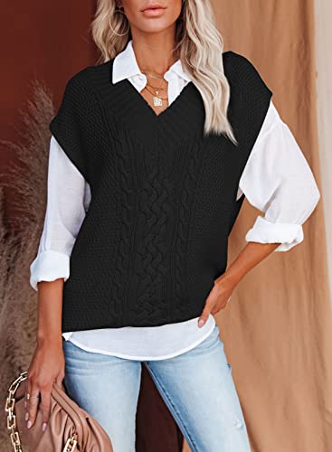Evaless V Neck Sweater Vest For Women Fashion Sleeveless Cable Knit Black Sweaters Winter Solid Color Loose Tank Tops Medium #TOP1