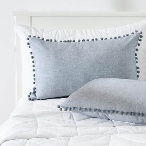 Image of 100% Cotton Pom Pom Cushion with Filler, Elegant & Modern Cushion Cover for Living Room, Rectangle, 12 inchx20 inch, uni Chambray, Set of 5 - Denim Grey