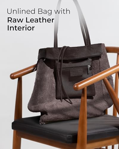 Image of Genuine Italian Leather Tote Bag for Women, Large Slouchy Purse, Chocolate | Unstructured bag, raw unlined interior with zip pocket, top zipper, side ties, folds flat, fits a 16-inch laptop, lightweight