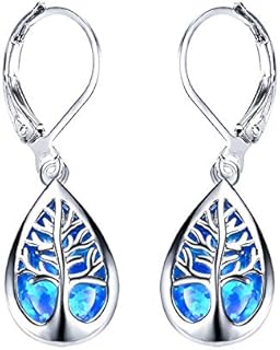 925 Sterling Silver Jewelry Exquisite Water Drop Blue White Fire Opal Life Tree Dangle Earrings For Women