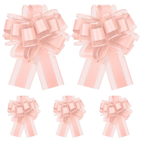 YAWYO Lot de 5 Grands nœuds à Tirer, 15 cm, Ruban Rose pour Voiture de Mariage, pour emballages Cadeaux, paniers, décoration de Voiture, boîtes Cadeaux et...
