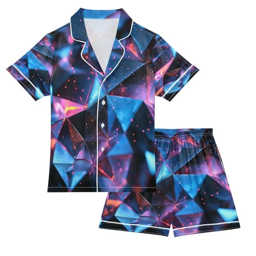 Satin Pajama Sets Short Sleeve Abstract Structure Pattern Button Down Silky Nightwear 2 Piece PJS 5-14Y