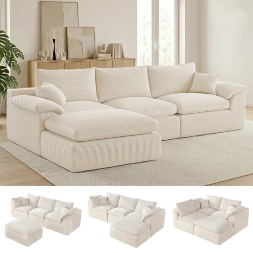Image of Cloud Sectional Couch, Boneless Couches for Living Room, Beige | L shaped, Modular Sectional Sofa with Deep Seat & Convertible Ottoman, Built for Family Life, Apartments & Living Rooms
