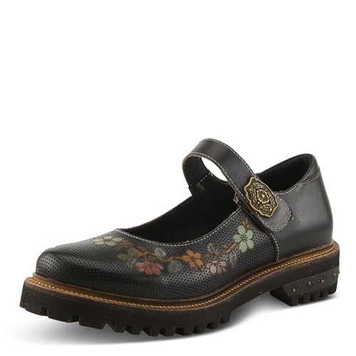 L'Artiste DANUELLA Hand-Painted Leather Mary Jane – Floral Boho Flat with Adjustable Strap & Lug Sole