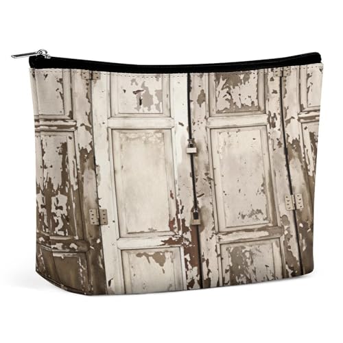 Neceser de Piel sintética con diseño rústico de Puerta de Madera Envejecida para Mujer, portátil, de Viaje, con Cremallera, Bonito Neceser, Regalo Ideal para niñas, Mujeres y mamás.