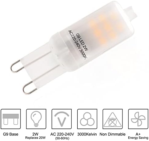 Eco.Luma 2W G9 LED Bulbs Not Dimmable, 3000K Warm White, Replace 20W Halogen Lamps, AC 220-240V G9 LED Lamps, G9 Bi-Pin Base, 360° Beam Angle, Pack of 5
