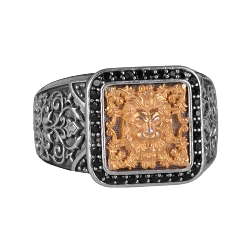 Design con testa di leone: questo audace anello presenta un sorprendente motivo a testa di leone, finemente inciso e placcato oro, incastonato in una fascia in argento Sterling 925 di alta qualità.
