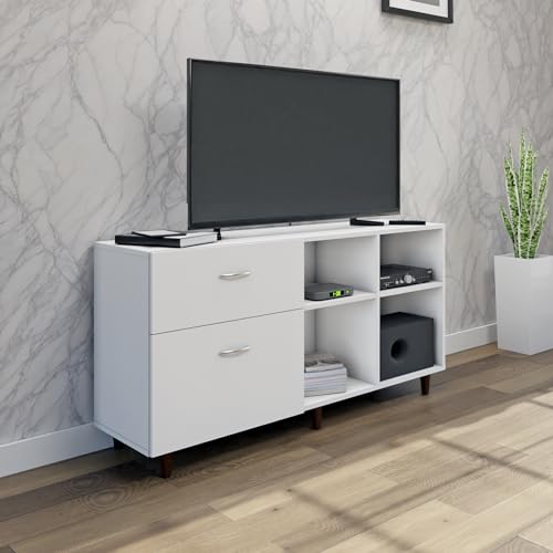 Image of VIKI Modern TV Unit for Living Room | Engineered Wood TV Cabinet with 2 Drawer Storage & 2 Open Shelves, Set Top Box Stand, Entertainment Unit, 140W x 74H x 40D cm | DIY | 1 Year Warranty (White)