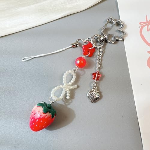 Cute Pink Keychain,Fuzzy Cat Keychain Aesthetic Y2K phone chain，KeychainStylish KeychainsAccessories Strawberry Phone Chain，Cute Butterfly Bear Guitar Keychains Charms for Women Bag Set of 2(red) image 4