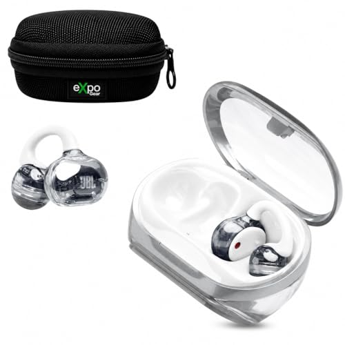 JBL Soundgear Clips Open-Ear Wireless Headphones, Bass Boost, All-Day Comfort, 4-Mic Calls 2.0, AI Algorithm, IP54 Water/Dust Resistant (White) with Expo Gear Weather-Resistant Hard-Shell Case