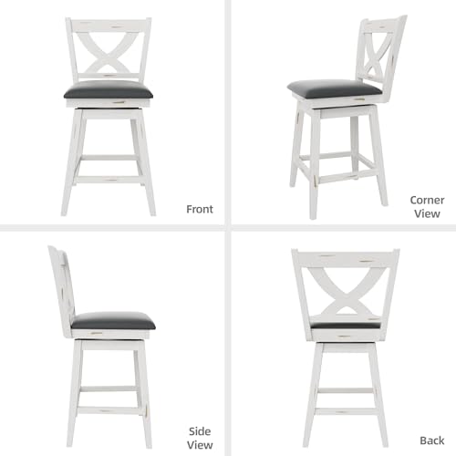 Buytime Swivel Bar Stools Set of 2, 24\" Counter Height Swivel Barstools with Solid Footrest & Faux Leather Upholstered Seat, Island Chairs with Back for Kitchen, Dining Room, Antique White