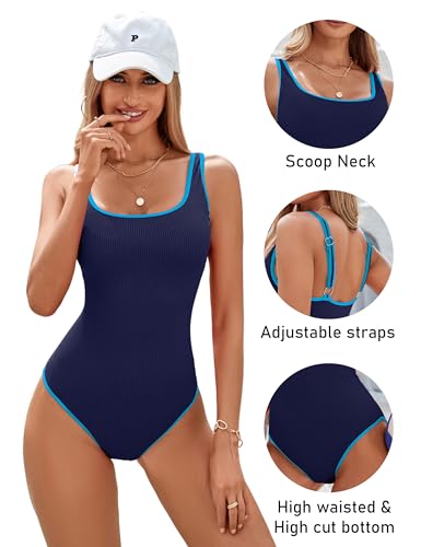 Image of BMJL Women's One Piece Swimsuit Sports Adjustable Strap Bathing Suit Color Block Ribbed High Cut Swimsuits