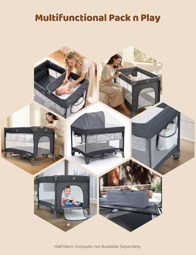 Dripex 5 in 1 Baby Bassinet, 2-Level Height Bedside Bassinet, Storage Pocket & Breathable Mesh - Foldable Portable Bedside Crib for 0 to 12 Months, Dark Grey — view 3