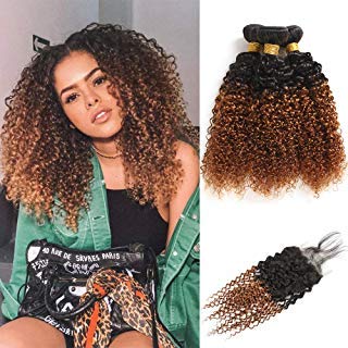 Kinky Curly Human Hair Weave Bundles with Closure 4X4 Free Part Ombre Brown Kinkys Curly Extension 10A Grade Silky Soft Curly Hair (18 20 22 with 16)