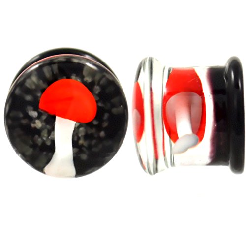 BYB Jewelry Pair of Trippy Red Mushroom Pyrex Glass Plugs Double Flared Gauges (00 Gauge (10mm))