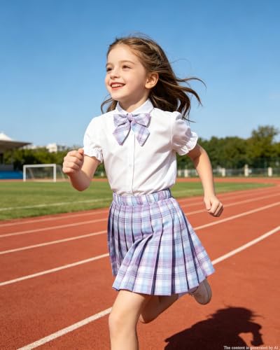 Image of Betusline Girls Skirt Set JK School Uniform 2-Piece Outfit - Short Sleeve Shirt with Bow & Pleated Skirt 4T-14Y