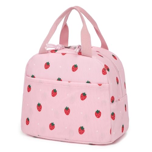 Corduroy Lunch Bag for Women Girls Lunch Tote Bags Reusable Insulated Lunch Box for Work Picnic School Travel (Pink Corduroy Strawberry)
