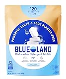 BLUELAND 100% Plastic-Free Dishwasher Detergent Tablets, 120 Count, Free & Clear, Eco-Friendly Dishwashing Pods, Natural, USDA Certified biobased
