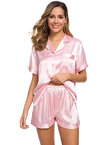 Image of SWOMOG Womens Silk Satin Pajamas Set Short Sleeve Sleepwear Button Down Top and Shorts Loungewear 2 Piece Pjs Set XS-3XL