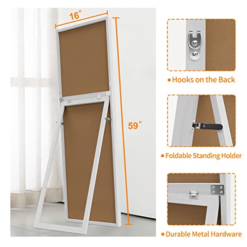 Image of NeuType 59 inchx16 inch Full Length Floor Mirror with Standing Holder - Wall-Mounted Body Mirror for Bedroom, Dressing - Standing, Hanging or Leaning - White MDF Frame