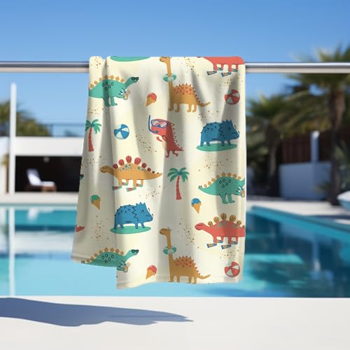 MTOnlinehandel Kinder Strandtuch 70x140 cm – Weiches & Saugfähiges Badetuch mit Dino-Motiv – Baumwolle & Polyester Mix – Schnelltrocknend