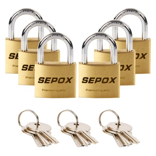 Sepox NBHPL1202 ® 6 Pcs Pack Heavy-Duty Solid Brass Padlocks With Same Keys 9 Pcs, Weather Proof Body 40Mm 1-9/16", Anti-Rust & Anti-Cut Shackle, Outdoor Lock Keyed Alike cover