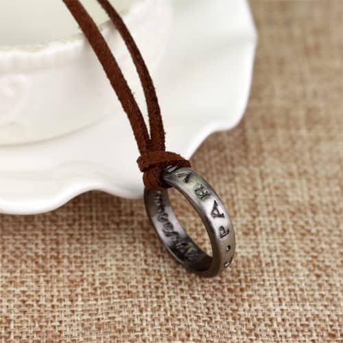 tenghong2021 Unisex Engraved Ring Pendant Necklace with Adjustable Brown Leather Chain Handmade Jewelry Cosplay Fans Gift with Inside Engravings, Zinc, Amber