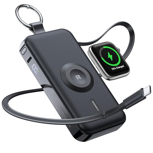 RORRY Portable Charger, 12000mAh 30W Fast Charging Power Bank with Built-in Retractable USB C Cable, Battery Pack with Keychain, Travel Essentials for iPhone, Apple Watch, iPad, Black