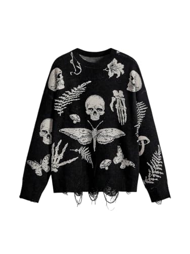 Image of WDIRARA Women's Goth Cartoon Pattern Sweater Knit Pullover Top | Long Sleeve, Crewneck