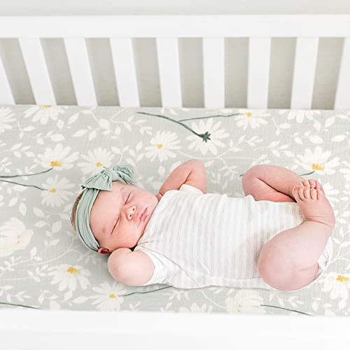Image of GRSSDER Soft Muslin Crib Sheet 1 Pack, 100% Cotton Crib Sheets for Boys and Girls, Fit Standard Crib Mattresses 52 inch x 28 inch Safe and Snug, Stylish Daisy Print