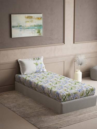 Image of 100% Pure Cotton Single Bedsheet with 1 Pillow Cover | Floral 145TC | Strong Weave for Everyday Use | 152 CM X 224 CM | - Vista Blue
