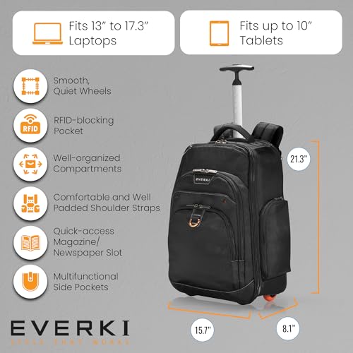 Image of EVERKI Atlas Wheeled 30L Laptop Backpack - Rolling Backpack for Men & Women, Carry-On Travel Roller Backpack for Laptops, Fits 13 to 17.3 Inches with Adjustable Compartment for Business & Work - Black