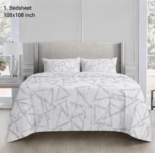 Image of Luxury Glace Cotton King Size Bedsheet with 2 Pillow Covers (108 x 108 Inch) | Soft & Breathable Fabric | Elegant Print Bed Sheet 3 Pc Bedding Set for Bedroom Grey Triangle