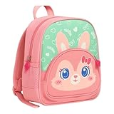 Mochila Infantil Coelho Costas Escolar & Passeio, Design Fofo com Laço Vermelho, Estampa de Corações em Verde Menta e com Bolsos em Malha, para Crianças