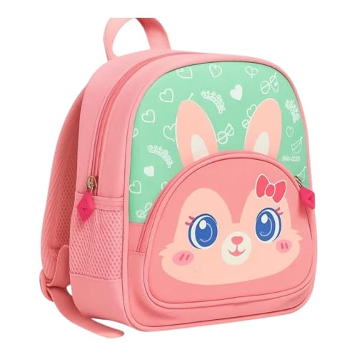 Mochila Infantil Coelho Costas Escolar & Passeio, Design Fofo com Laço Vermelho, Estampa de Corações em Verde Menta e com Bolsos em Malha, para Crianças