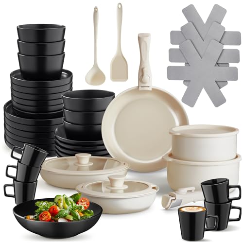 tectake® Juego de Vajilla Completa y Batería de Cocina, Ollas Cocina y Sartenes Antiadherentes con Mangos Desmontables, Vajilla Moderna, Platos Ceramica, Tazas de Cafe - 46 Piezas Negro/Blanco tectake® Juego de Vajilla Completa y Batería de Cocina, Ollas Cocina y Sartenes Antiadherentes con Mangos Desmontables, Vajilla Moderna, Platos Ceramica, Tazas de Cafe - 46 Piezas Negro/Blanco