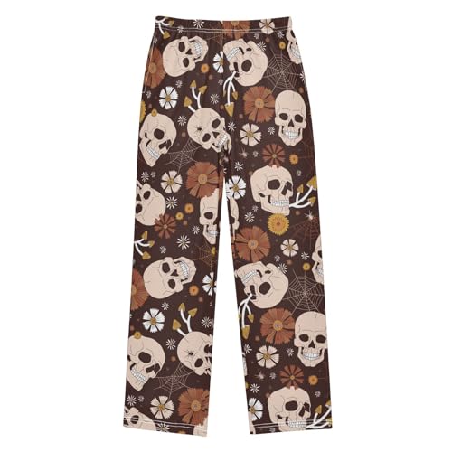 ZZXXB Skull Spiderweb Flowers Boys Long Pants Soft Trousers Elastic Waist Kids Lounge Bottoms with Pockets S-XL