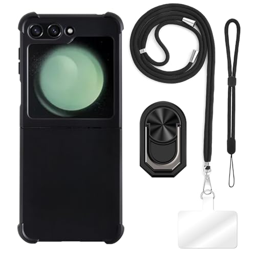 ESACMOT [4 in 1] �P�[�X Samsung Galaxy Z Flip 5 5G �Ƃ̌݊�������A�X�g���b�v�A���X�g�o���h�A�����O�t���A�ϏՌ��ی�J�o�[���s�p�Z�b�g (�u���b�N�Z�b�g)