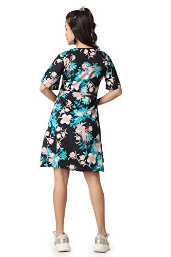 Image of POPWINGS Casual Printed V-Neck Short Sleeves Knee-Length Fit and Flare Dress for Women || Frokc-Style Summer Wear Dresses for Women || Loose-Fit Comfortable Women Dress for Regular Wear