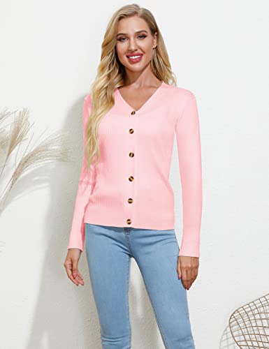 V Neck Cardigan Stretchy Outwear Button Down Highly Elastic Sweaters For Women (L,Rib-Pink) #TOP5